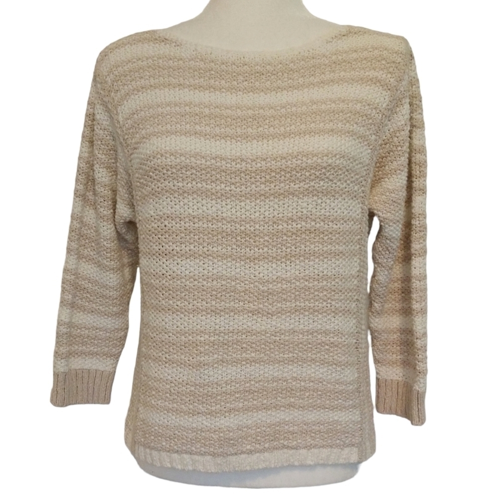Chico's Ivory & Tan Striped Open Knit Chunky Crochet Sweater Boho Beachy